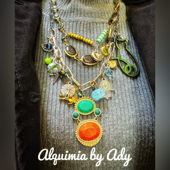 Layered multi color charms necklace with blue gemstones - Picture 3 of 6